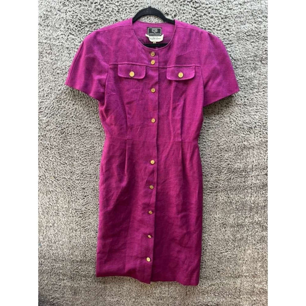 Ch by Carolina Herrera Linen Short Sleeve Midi Shirt Dress Purple Womens Size 12